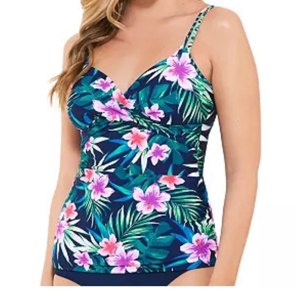 Swimming Suit Tankini TOP ONLY Women’s Size Medium Tropical Print Ruched Sides